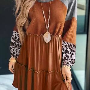 B056 Brown Waffle Knit Leopard Patchwork Long Sleeve Dress